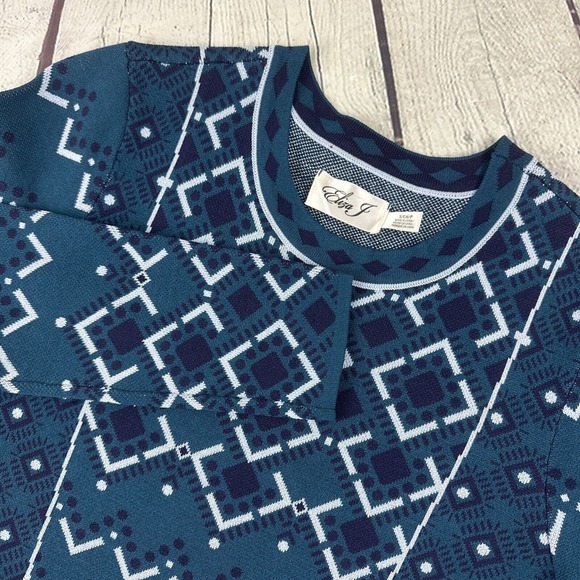 Eliza J Geometric Long Sleeves Teal Blue‎ White Small Sweater Dress - Picture 1 of 7